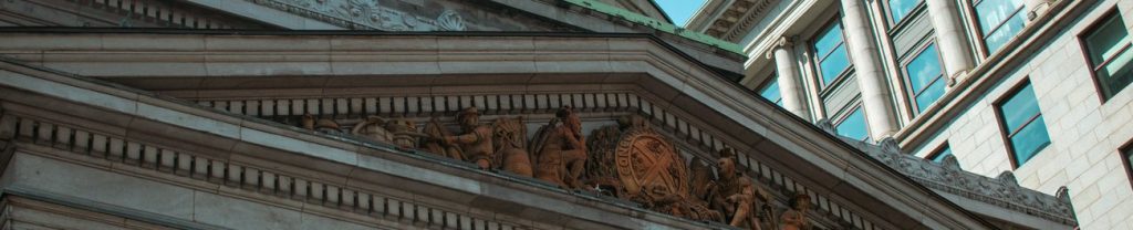The neoclassical stone columns of an institutional building facade